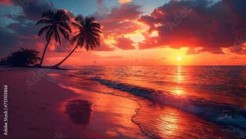 Vibrant sunset over a tropical island, palm trees silhouetted against a fiery sky, serene ocean waves lapping at the shore