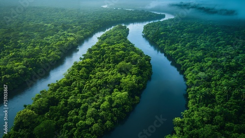 Aerial view of a meandering river through lush tropical forests, vibrant greenery and wildlife visible below