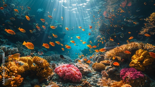 Underwater paradise featuring colorful coral reefs teeming with diverse marine life  sunbeams piercing through the water