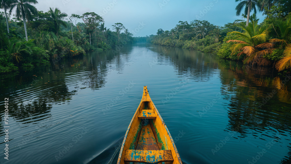 A serene tropical river winding through a dense rainforest, a canoe visible in the distance exploring the area A serene tropical river winding through a dense rainforest, a canoe visible in the distance exploring the area
