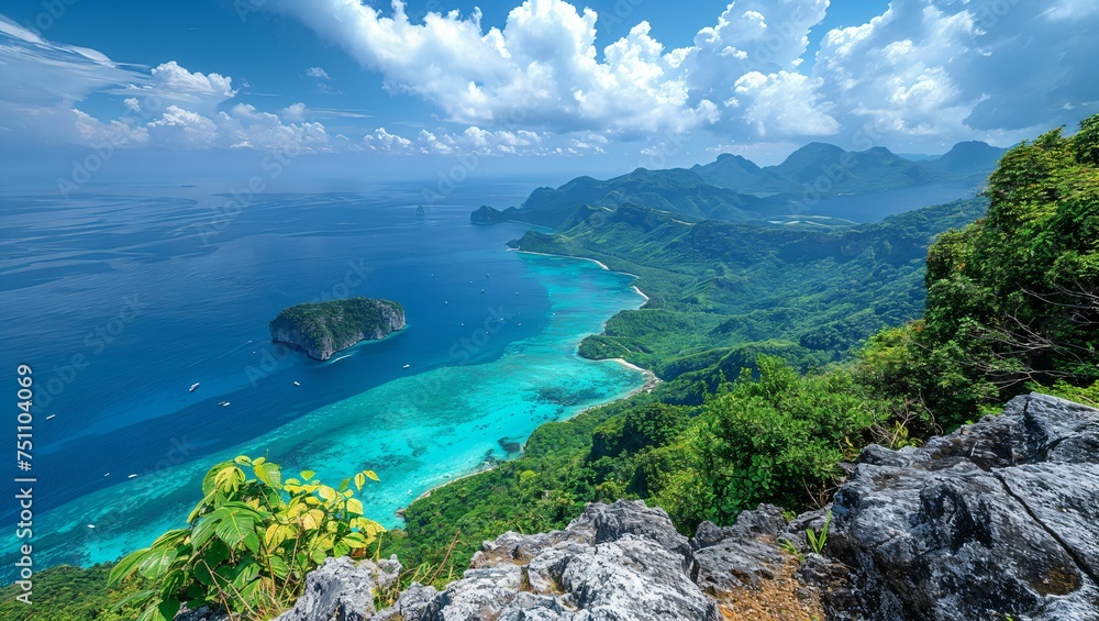 A mountaintop view overlooking a tropical landscape, with islands scattered in the azure sea below