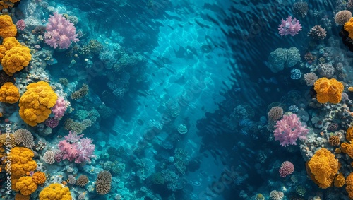 An expansive coral reef from above, showcasing a kaleidoscope of colors and patterns, teeming with aquatic life © akarawit