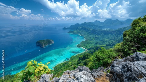 A mountaintop view overlooking a tropical landscape, with islands scattered in the azure sea below