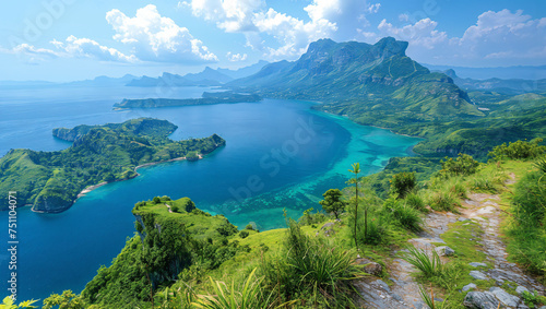 A mountaintop view overlooking a tropical landscape  with islands scattered in the azure sea below