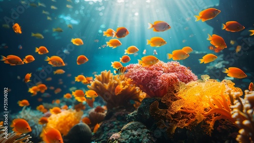 An underwater scene with a school of tropical fish swimming near a colorful coral reef, sunlight filtering through the water © akarawit