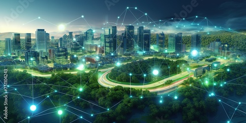 Sprawling green community with Digital smart city infrastructure and rapid data network. Digital city  smart society  smart homes  digital community. DX  IOT  digital network concept.