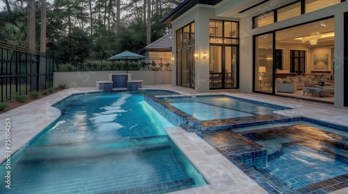 A snapshot of twilight elegance, where an opulent pool surrounded by upscale design elements is softly illuminated by ambient lighting