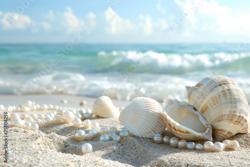 A beach where the sand is made of pearls and shells © AI Farm