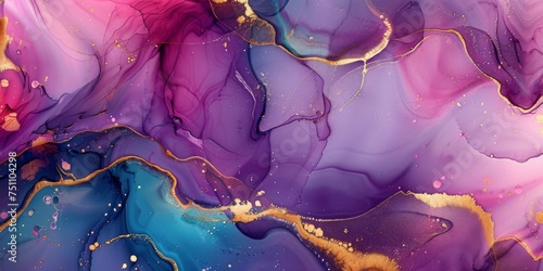 Ethereal fluid art with rich purples and blues highlighted by golden veins.  