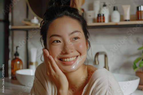 Smiling Asian woman takes care of her facial skin and applying moisturizer in bathroom