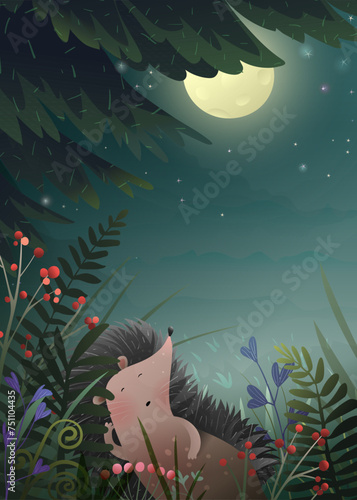 Fantasy pine forest at night with full moon and hedgehog sleeping. Good night story, fairytale porcupine animal for kids dreaming under pine tree. Vector illustration, animal character for children.