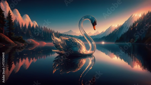 glass swan floating on a still lake. placid blue, 3d render, illustration, wallpaper background, sunset photo