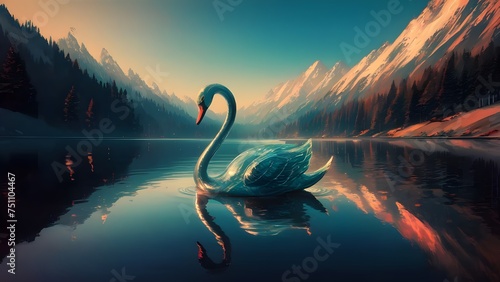 glass swan floating on a still lake. placid blue, 3d render, illustration, wallpaper background, sunset photo