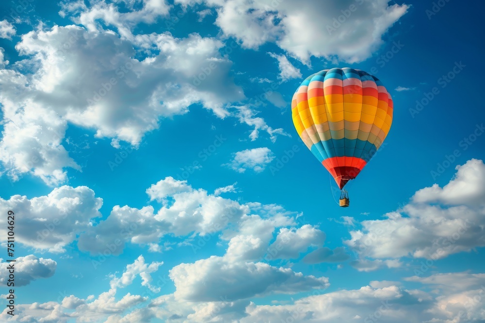 Obraz premium Colorful hot air balloon soaring in a blue sky with clouds, symbolizing freedom, travel, and adventure.