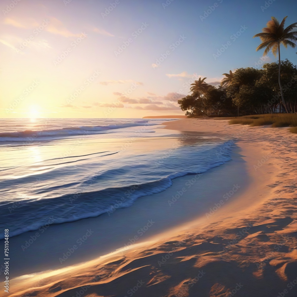 AI generative image of peaceful sunset at a tropical beach with waves gently lapping the shore and palm trees in silhouette