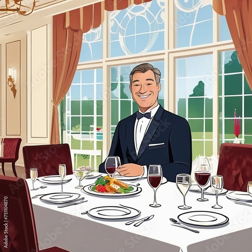 AI generative image of smiling man in a tuxedo enjoys a formal dinner in an elegant dining room