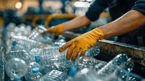 The hands of the employee in gloves are close-up. On the conveyor for recycling and sorting garbage from plastic bottles, glasses of different sizes, garbage sorting and recycling concept © aiforlife