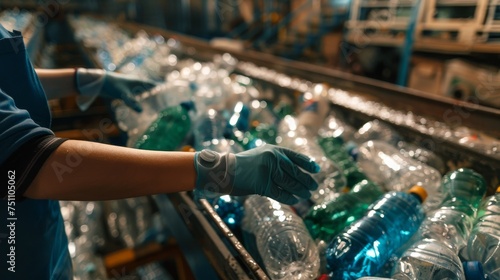 The hands of the employee in gloves are close-up. On the conveyor for recycling and sorting garbage from plastic bottles, glasses of different sizes, garbage sorting and recycling concept