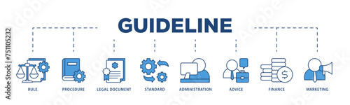 Guideline icons process structure web banner illustration of rule, procedure, legal document, standard, administration, advice, finance, marketing icon live stroke and easy to edit 