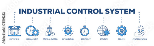 Industrial control system icons process structure web banner illustration of enterprise, management, control system, optimization, efficiency icon live stroke and easy to edit 