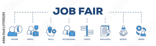 Job fair icons process structure web banner illustration of the information, advice, skills, occupational, applicants, recruit, and hiring icon live stroke and easy to edit 