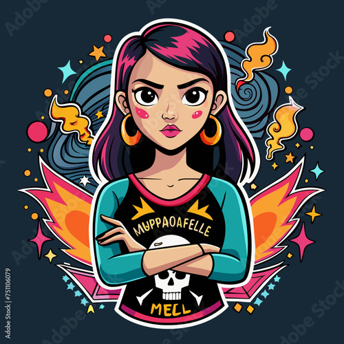 Tshirt sticker of Unapologetically Me featuring a confident girl rocking a bold graphic tee with the slogan Unapologetically Me, surrounded by edgy elements like skulls, lightning bolts