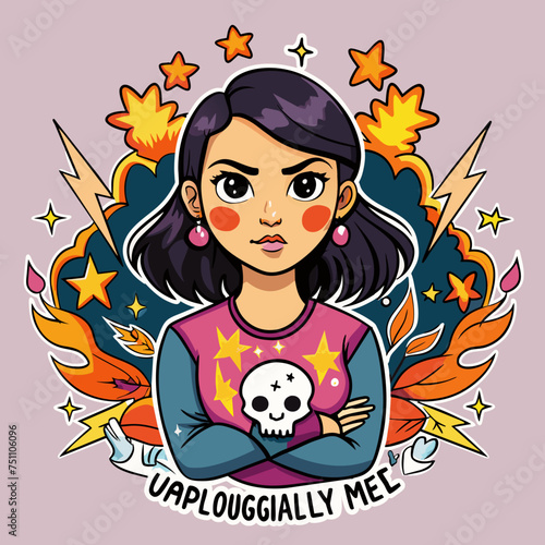 Tshirt sticker of Unapologetically Me featuring a confident girl rocking a bold graphic tee with the slogan Unapologetically Me, surrounded by edgy elements like skulls, lightning bolts