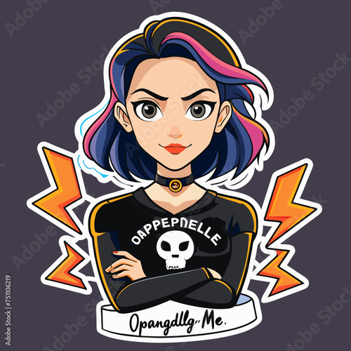 Tshirt sticker of Unapologetically Me featuring a confident girl rocking a bold graphic tee with the slogan Unapologetically Me, surrounded by edgy elements like skulls, lightning bolts