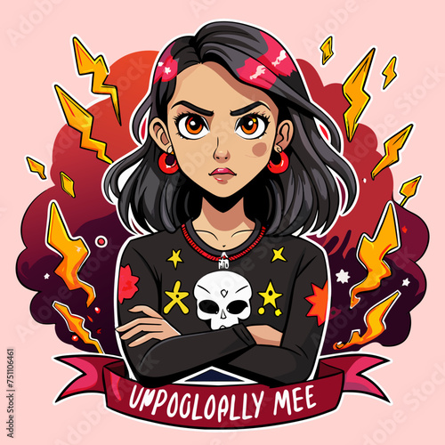 Tshirt sticker of Unapologetically Me featuring a confident girl rocking a bold graphic tee with the slogan Unapologetically Me, surrounded by edgy elements like skulls, lightning bolts