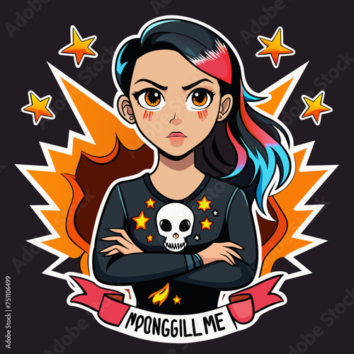 Tshirt sticker of Unapologetically Me featuring a confident girl rocking a bold graphic tee with the slogan Unapologetically Me, surrounded by edgy elements like skulls, lightning bolts