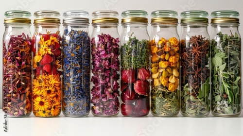 Different glass jars with vibrant dried flowers inside. Generative Ai