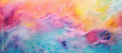 Multicolored threads in shades of blue, pink, and yellow are woven together on a patterned background, forming an abstract and vibrant painting.