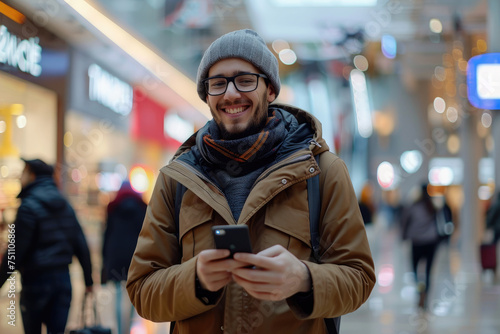 Young happy man using mobile phone while buying in shopping mall