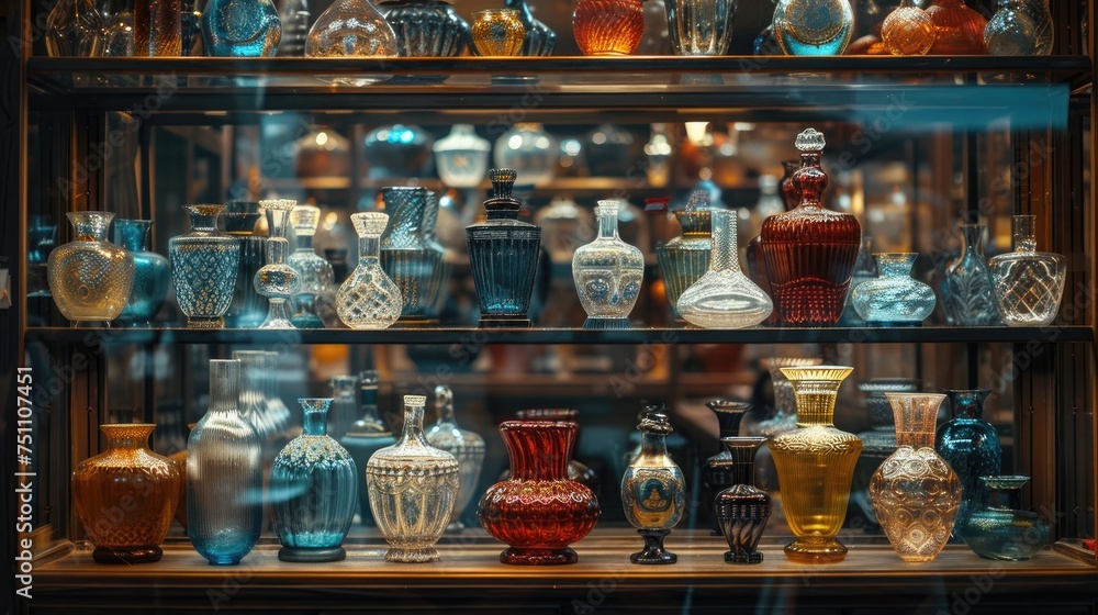 An assortment of items are placed in a display case in a shop. Generative Ai