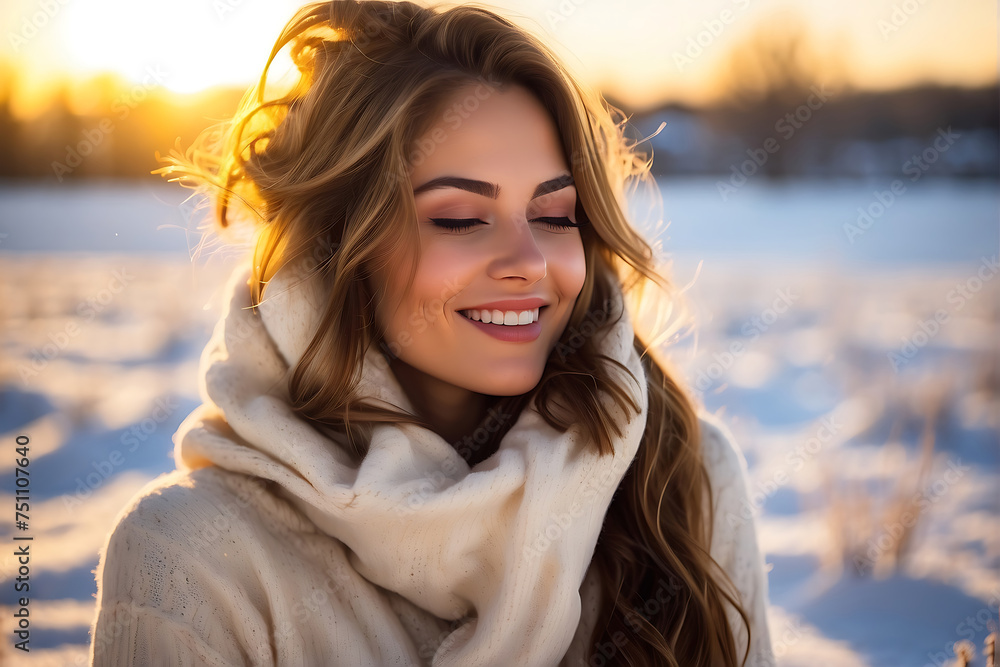 A serene, joyous woman with closed eyes basks in a beautiful winter moment, backlit by the setting or rising sun amid snowy fields. A serene, joyous woman with closed eyes basks in a beautiful winter moment, backlit by the setting or rising sun amid snowy fields.