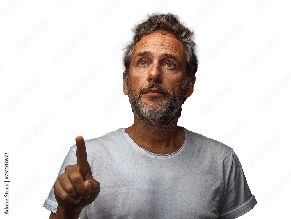 The man points up with his finger pointing at something The man points up with his finger pointing at something