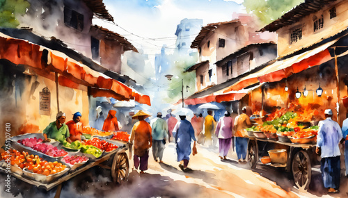 Bustling Local Market in Watercolor photo