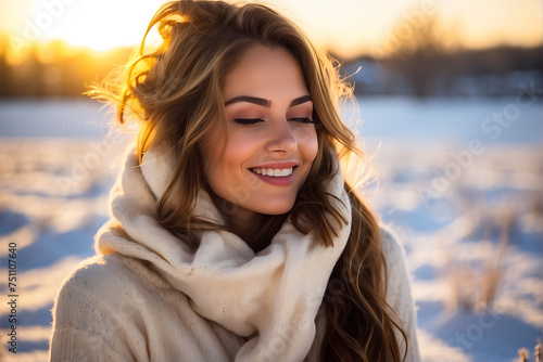 A serene, joyous woman with closed eyes basks in a beautiful winter moment, backlit by the setting or rising sun amid snowy fields. © Design_Stock