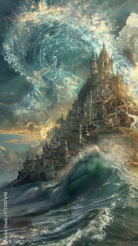 Tsunami waves frozen in quantum stasis, mirror world reflecting medieval artistry, nature's power meets human creativity