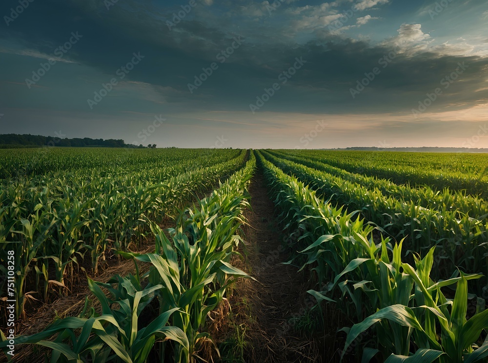 Fototapeta premium agricultural field with green corn plants and blue sky at sunset