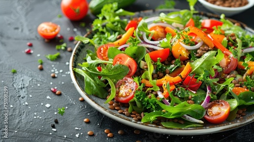 Green salad for vegetarians with lentils and vegetables. Generative Ai