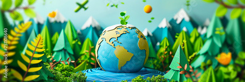 Image of the earth alive with forests and water made with paper crafts