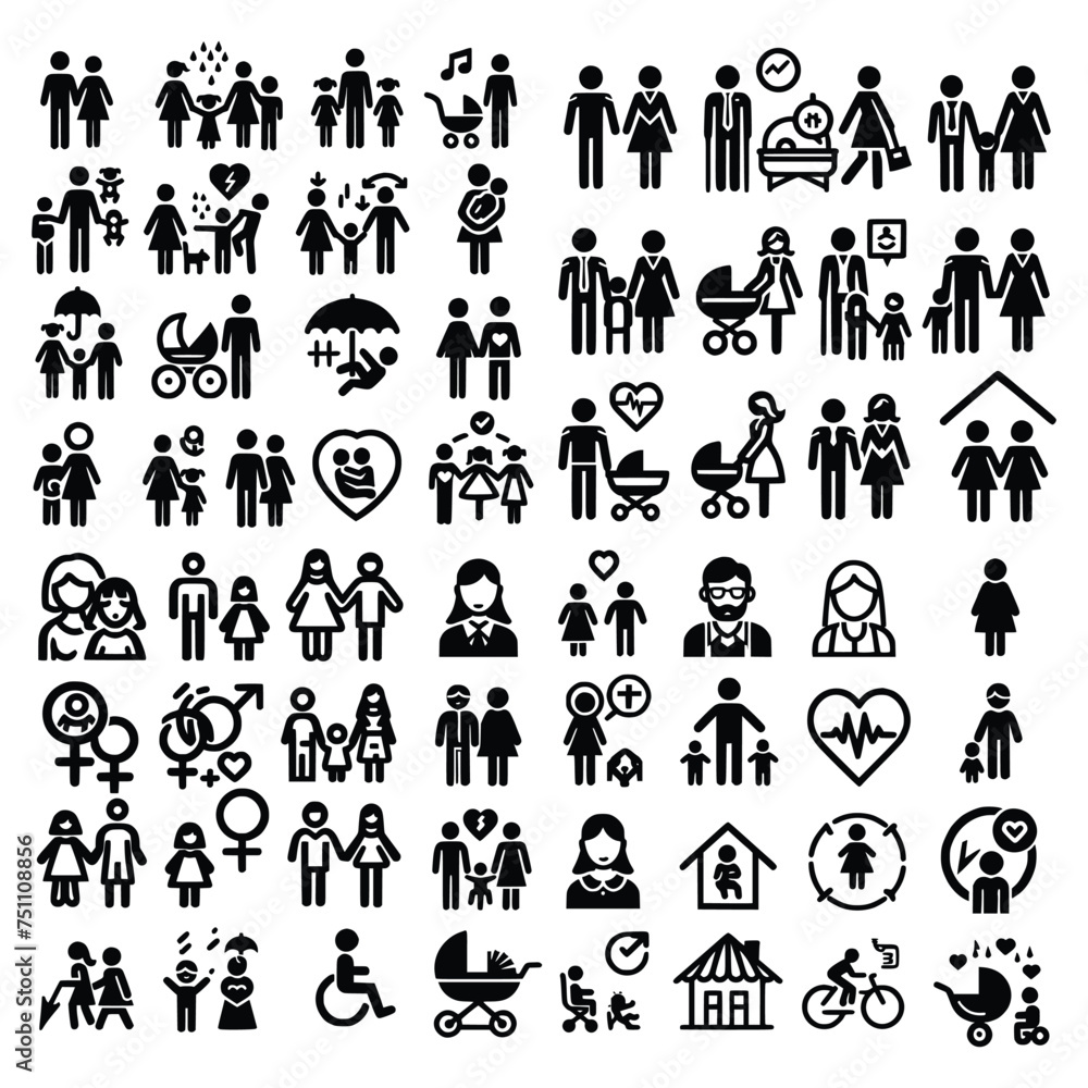 Set of family structures.  Types of family structures. Thin line icon set. Symbol collection in transparent background. Editable vector stroke.