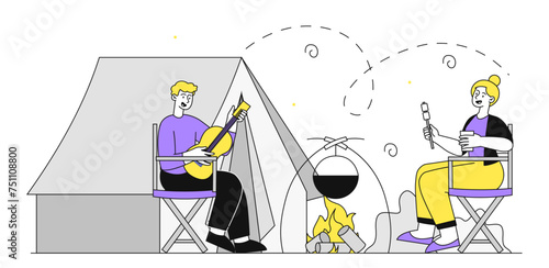 People with camping vector doodle