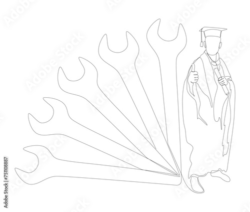 One continuous line of Student with diploma, Mortarboard and wrench. Thin Line Illustration vector concept. Contour Drawing Creative ideas.