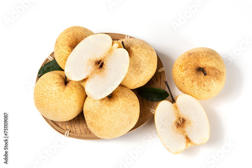 Asian pear fruit and half sliced isolated on white background.