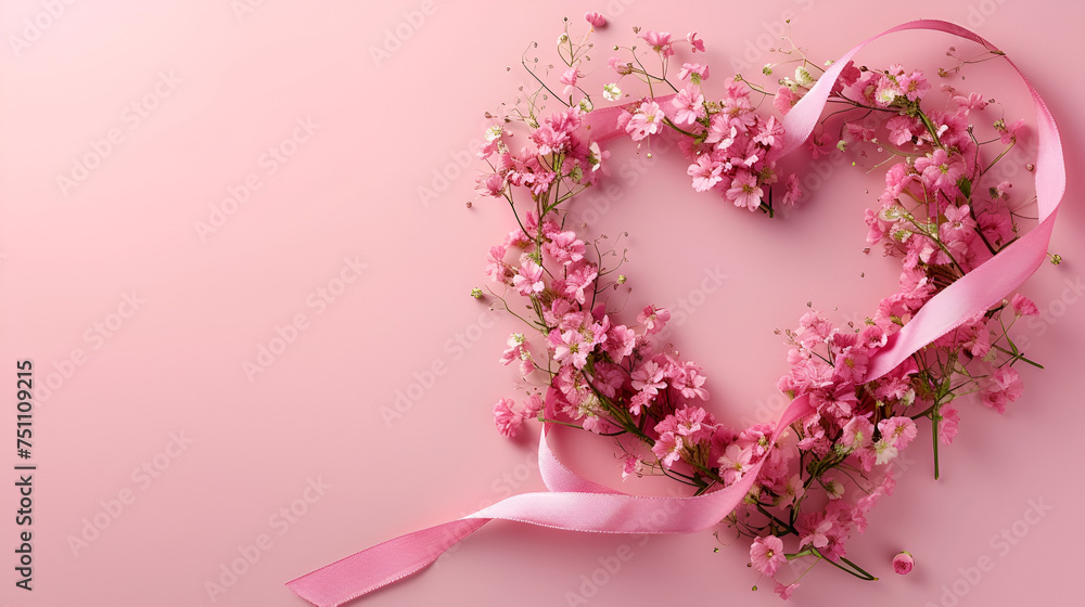 Pink ribbon in the form of a heart with flowers on a pink background.copy space. generative ai