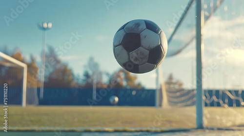 Chute em Suspensão Ação Congelada de uma Bola de Futebol no Campo photo