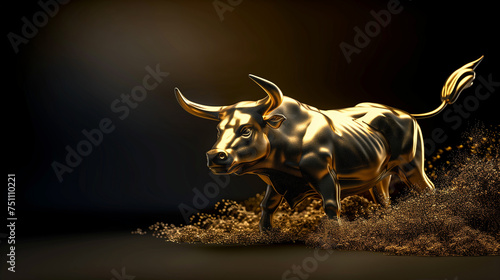 Golden Bull Statue Charging Through Dust on Black Background
