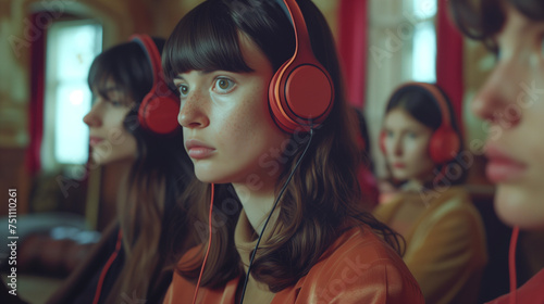 Teenage girls are experiencing music emotional contagion with headphones in the living room. © An